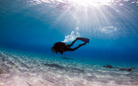 Diver and Sunburst / Curaçao, Netherlands Antilles: Diver on sandy bottom